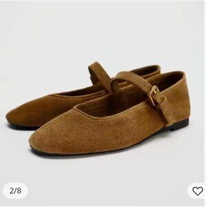 ZARA Women’s Suede Mary Jane Flats Brown Tan Ballet Shoes Size 40 Buckle Strap